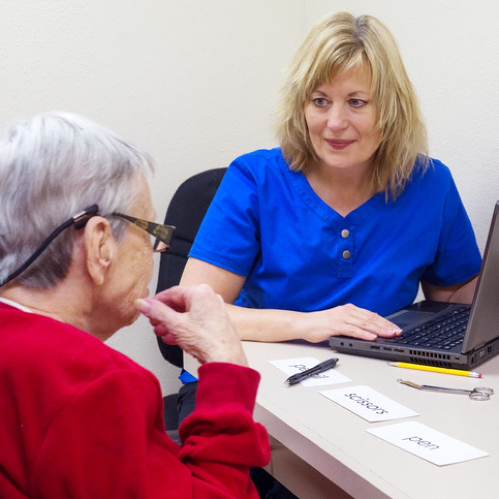 Blond Caucasian speech language pathologist treats communication skills of a senior aged woman in a clinic setting. Visual comprehension addressed. Patient matches objects to a field of three single written words.